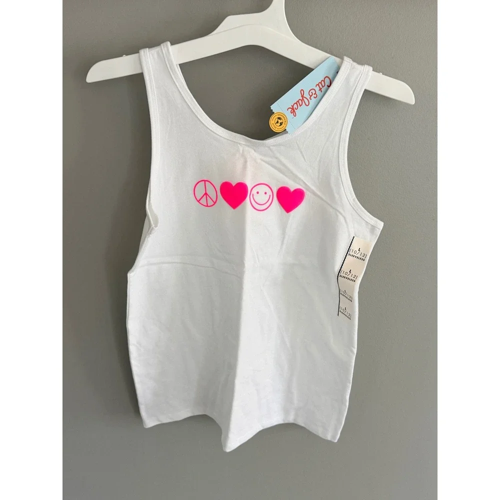 Cat & Jack Girls Tank Top L 10/12 White Neon Pink Peace Heart Smiley‎ NWT